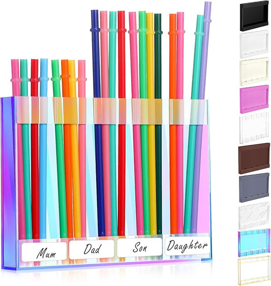 Acrylic Straw Holder for Cabinet Door with Double Sided Adhesive Tape Reusable Straw Organizer Tumbler Storage Kitchen Accessories Container for Counter Cupboard(Classic,Large,Iridescent)