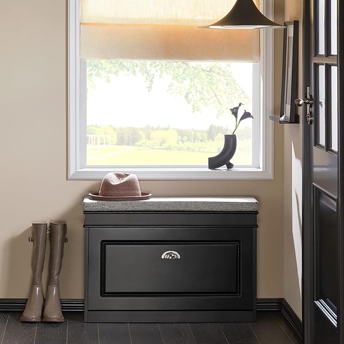 Haotian Shoe Storage Bench with Cushion, Black Narrow Shoe Rack for Entryway, Small Shoe Cabinet with 2 Tiers Flip-Drawer, Closet Hallway Mudroom FSR82-L-SCH-NeatNest