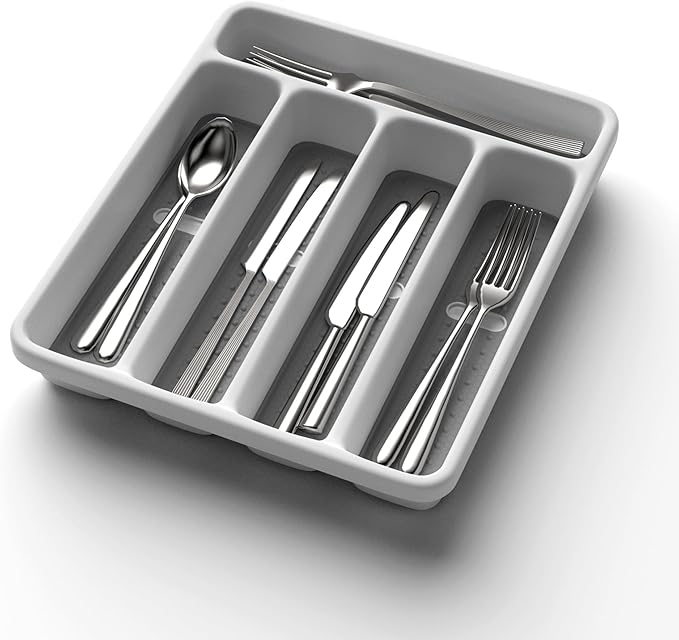 5-Slot Utensil Drawer Organizer for Silverware & Cutlery | Large Plastic Utensil Holder with Non-Slip Design, Silverware Drawer Organizer, BPA-Free (White)-NeatNest