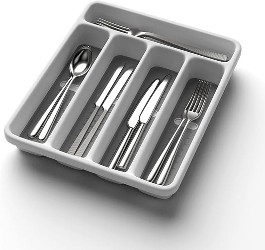 5-Slot Utensil Drawer Organizer for Silverware & Cutlery | Large Plastic Utensil Holder with Non-Slip Design, Silverware Drawer Organizer, BPA-Free (White)-NeatNest