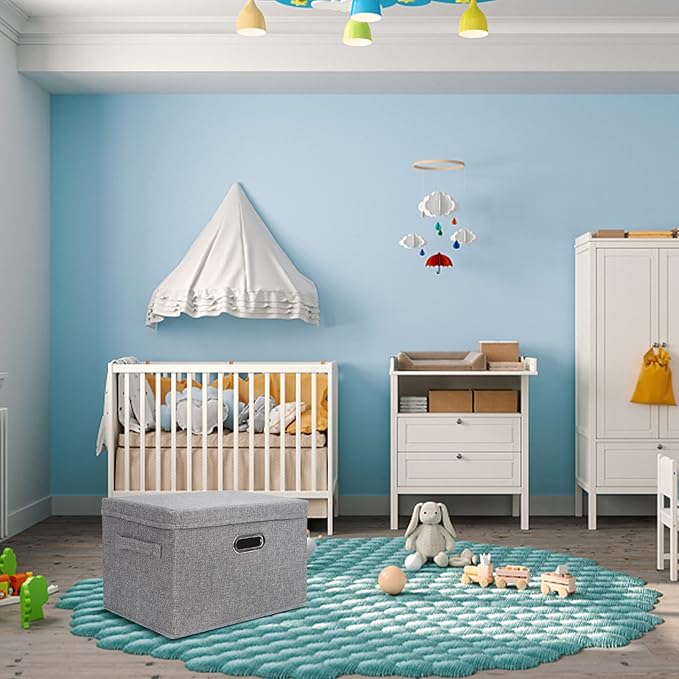 DAYARD Foldable Storage Boxes with Lids Linen Fabric Stackable Storage Bins Organizer Containers Baskets Cube with Cover for Closet Office Nursery, Grey (15 x 10 x 10)-NeatNest