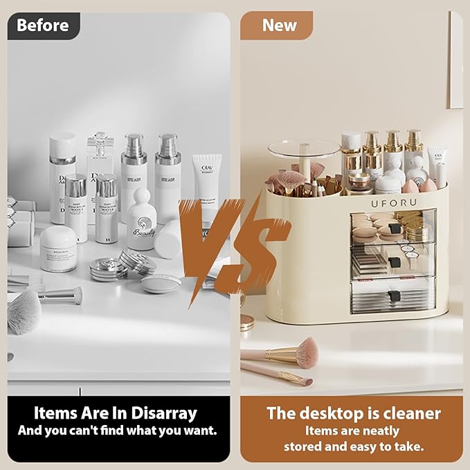 Makeup Organizer with Drawers for Vanity, 4 Slot Brush Holder with One Touch Open,Spacious Cosmetic Storage for Dresser Vanity and Bathroom Countertop, Beauty Holder for Lipstick Skincare(White)-NeatNest