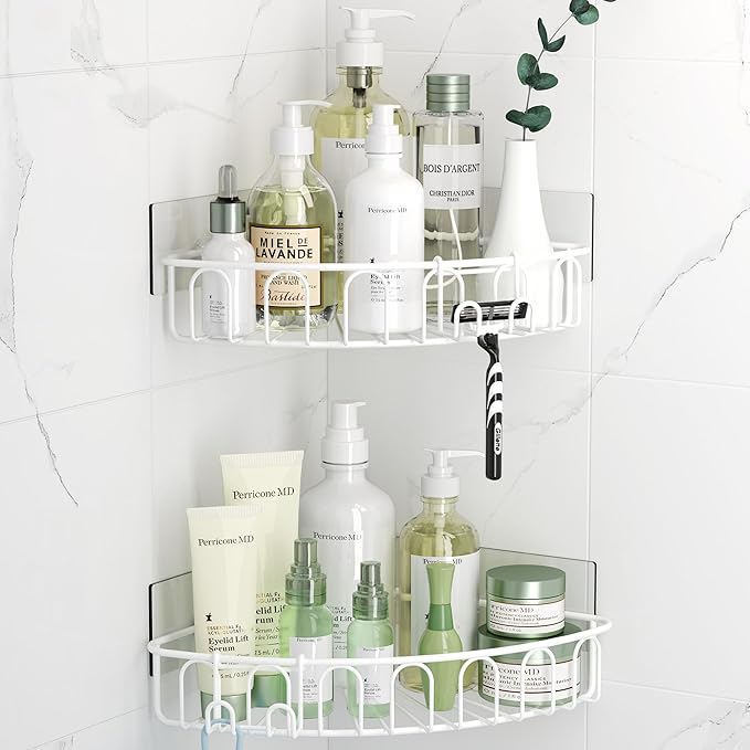 Orimade Corner Shower Caddy with 2 Hooks Wall Mounted Metal Bathroom Shelf Storage Organizer Adhesive No Drilling 2 Pack, White Only for 90-Degree Corner