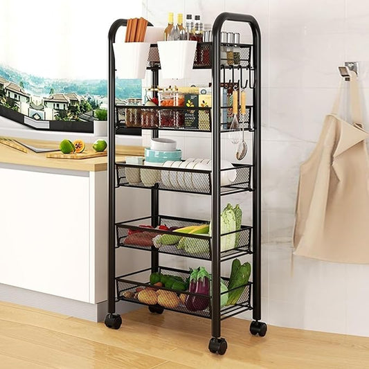 5 Tier Rolling Storage Cart Metal Utility Cart Stackable and Removable Kitchen Metal Mesh Storage Shelves with Wheels Heighten Guardrail for Kitchen, Dorm, Bedroom, Bathroom Black 5-Layers