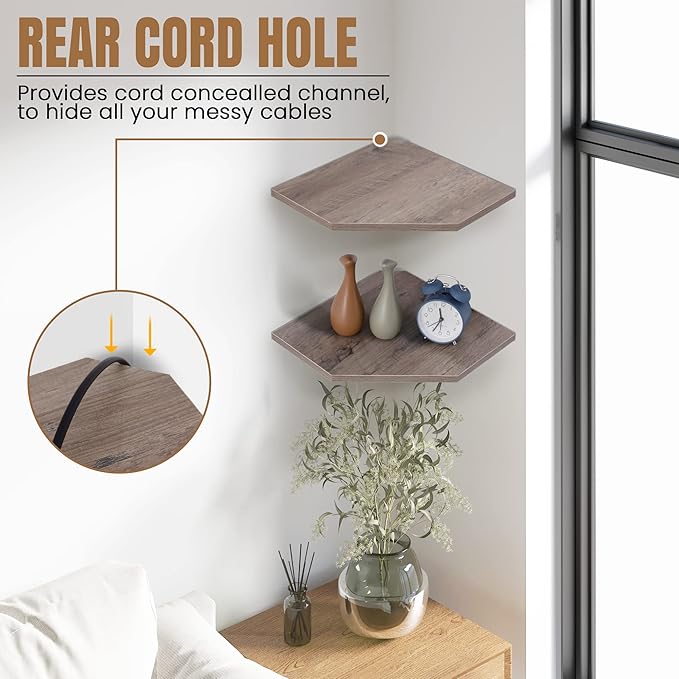 Corner Shelf Wall Mount, Floating Corner Shelves, Set of 2 Corner Wall Shelf Organizer, Rustic Wood Wall Storage Display Shelves for Living Room Bedroom Bathroom Kitchen, Rustic Grey-NeatNest