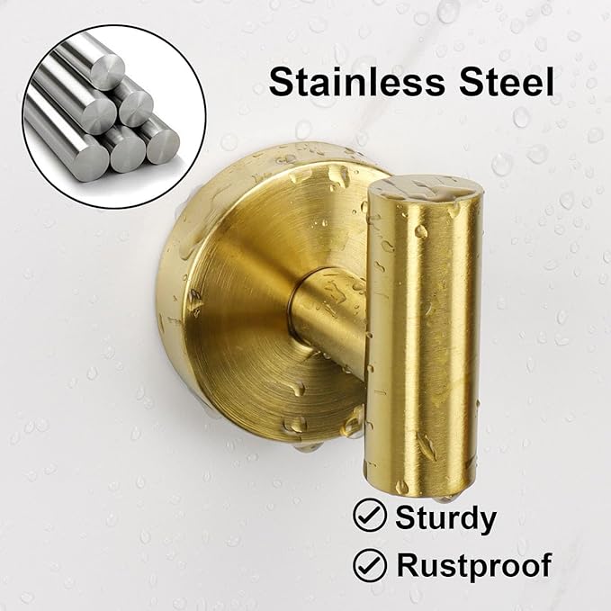 TocTen Towel Hook for Bathroom, 5 Pack Wall Mounted Robe Hook, SUS 304 Stainless Steel Coat Hook, Heavy Duty Door Hanger Towel Hook for Bathroom Kitchen Office and Cabinet(Brushed Gold, 5 Pack)