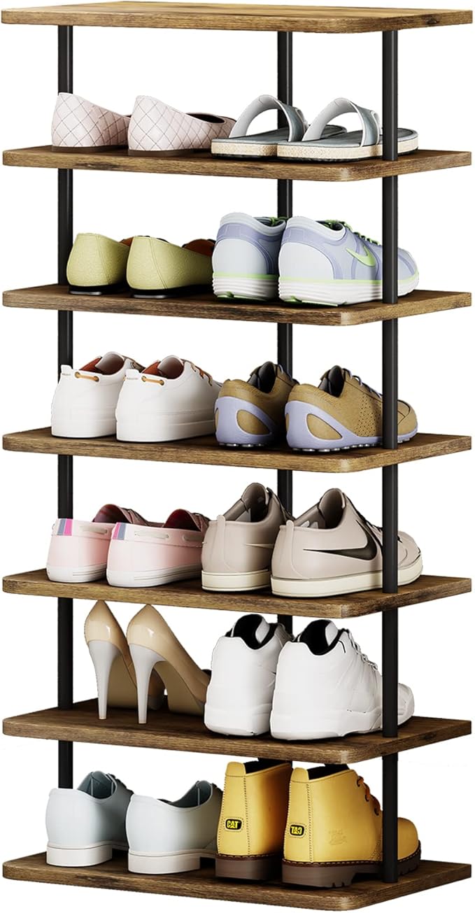 AZERPIAN Shoe Rack 7 Tier Vertical Storage Organizer Double Row Narrow Metal Slim Shelf Modern Free Standing Shoe Tower Saving Space for Closet Entryway Bedroom,Black+Rustic Brown-NeatNest