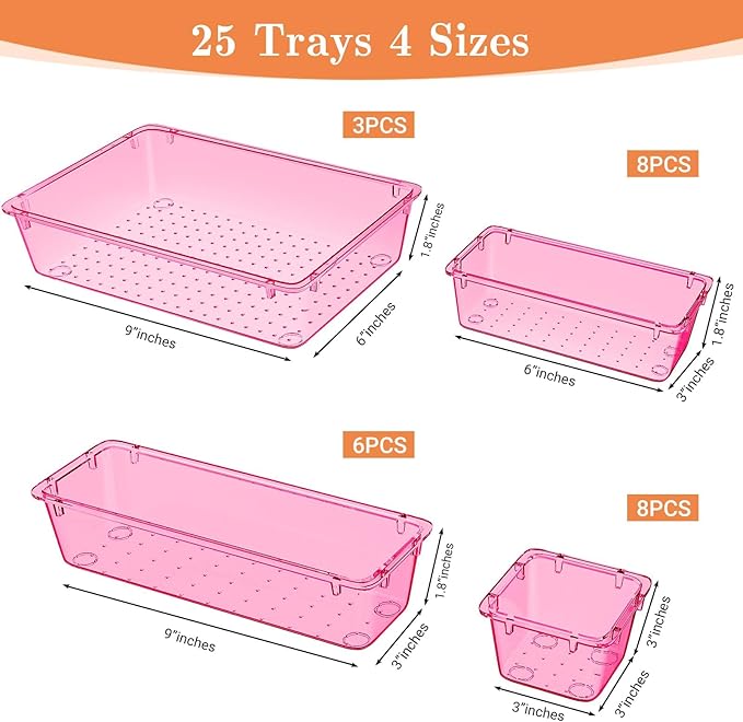 25 PCS Plastic Drawer Organizer Set, 4-Size Versatile Organizer Trays & storage Bins for Makeup, Jewelry, and Gadgets in Bathroom, Bedroom and Office, Clear Pink-NeatNest