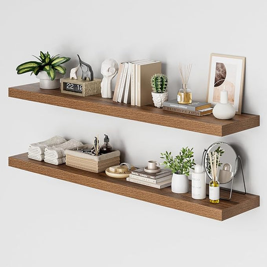 Heimlove 12 Inch Deep Floating Shelves, 55 x 12 inch Extra Long Floating Shelves for Wall, Large Display Shelf & Storage Shelf for Living Room Bedroom Kitchen Home Office, Set of 2, Walnut-NeatNest