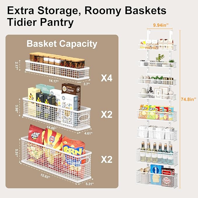 8-Tier Over The Door Pantry Organizer,Hanging Spice Rack,Over Door Adjustable Basket with Handle,Pantry Organization And Storage, Laundry Room,Bathroom,Large Capacity,D5.3xW15.7xH74.8 in