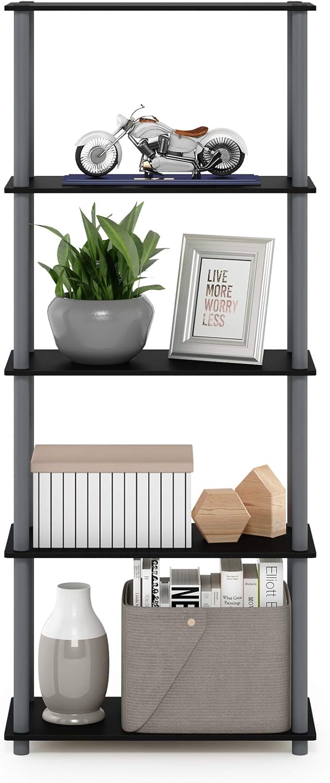 Furinno Turn-N-Tube 5-Tier Multipurpose Shelf / Display Rack / Storage Shelf / Bookshelf, Round Tubes, Black/Grey-NeatNest