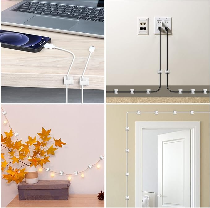 100 PCS Adhesive Cable Clips White (Small & Large), Upgraded Wall Wire Holder for Cord Organizer Cable Management, Outdoor Light Clips Hooks for LED, Car Dash Cam, HDMI, Extension Cord-NeatNest