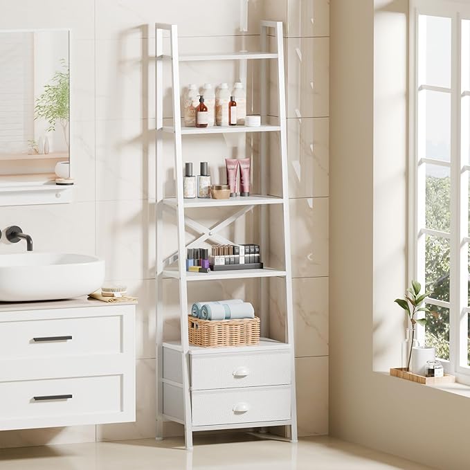 Furologee 5-Tier Ladder Shelf with 2 Drawers,Narrow Bookshelf Storage Shelves,Industrial Bookcase Freestanding Rack Units for Bedroom,Living Room,Bathroom,Home Office,Balcony,Wood Metal, White