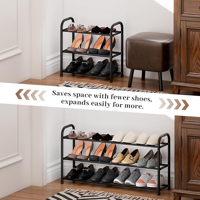 Expandable Shoe Rack, Adjustable Shoes Organizer Metal, Space-Saving Storage Shelf for Closet, Entryway, Front Door & Hallway,Sturdy and Easy Assembly (Black, 3-Tier)