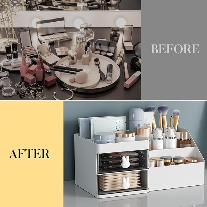 Makeup Organizer, Cosmetic Desk Storage Box with Drawers Skincare Organizers for Dressing Table, Countertop, Bathroom Counter, Vanity Holder for Brushes, Lotions, Lipstick, Perfume (White-Clear)-NeatNest
