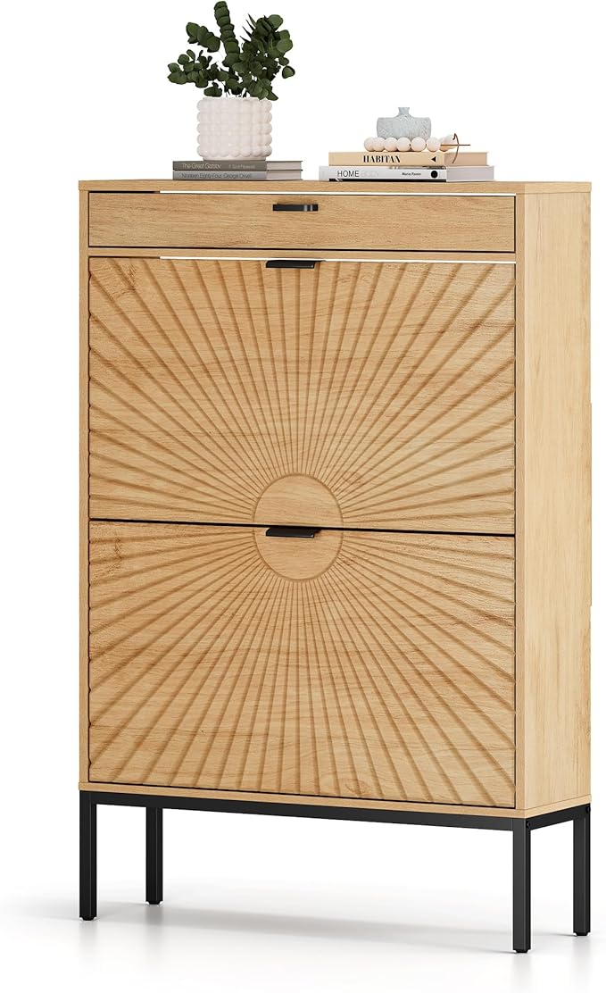 XIAO WEI Shoe Cabinet, Shoe Storage Organizer Cabinet with 2 Flip Half Moon Line Doors, Freestanding Shoe Rack with Adjustable Shelf for Entryway（Oak）-NeatNest