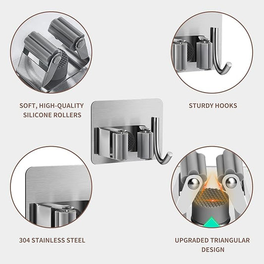 Broom Holder Wall Mount, Mop and Broom Holder Wall Mount with Hooks, Stainless Steel Broom Holders 4Pcs-NeatNest
