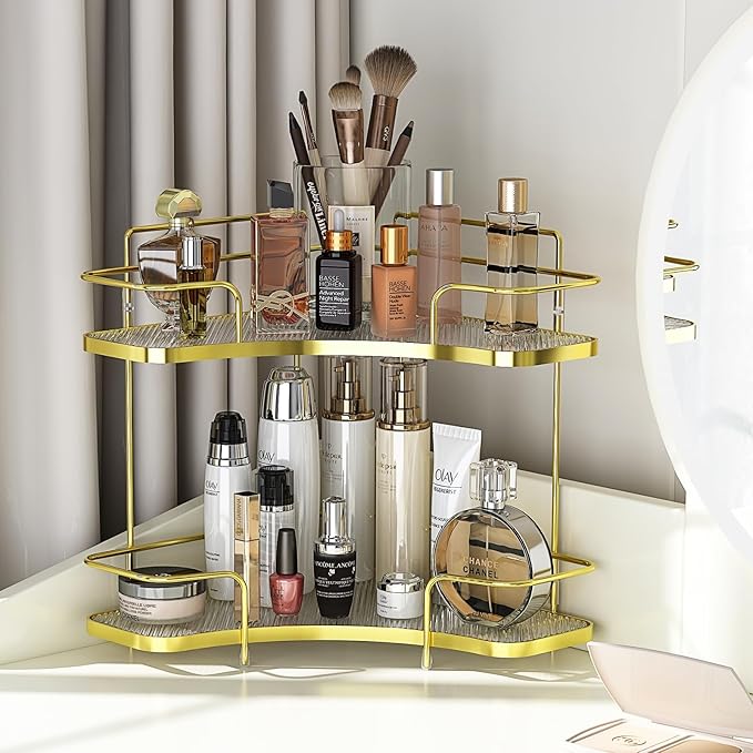 FOLLOWIN 2 Tier Bathroom Corner Countertop Organizer,Make Up Organizers and Storage,Corner Counter Shelf,Skincare Makeup Cosmetic Vanity Lotion Perfume Organizers Holder,Shine Gold-NeatNest