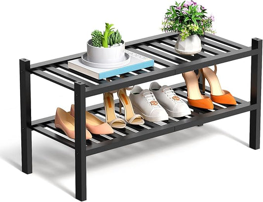 Shoe Rack, 2 Tier Bamboo Shoe Rack for Closet, Stackable Wooden Shoe Organizer, Free Standing Wood Shoe Shelf for Entryway Small Space, 27" x 11" x 13", Black-NeatNest