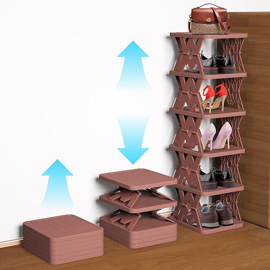 Small Shoe Rack, 6 Tier Foldable Shoe Organizer Without Assembly, Fake Wood-Pattern Match Floor Well, for Entryway, Front Door Entrance, Bedroom, Brown-NeatNest