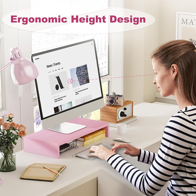 TEAMIX Pink Monitor Riser-20L inch, Wood Monitor Stand for Desk, Sturdy TV/Screen/PC/Printer/Laptop Riser,Computer Shelf with Storage TV Holder for Home Office (Pink, 20 inch)-NeatNest