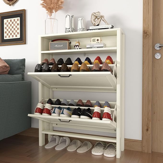 Shoe Cabinet with 2 Flip Drawers, Narrow Shoe Storage Cabinet, Freestanding Shoe Cabinet Organizer, Hidden Shoe Rack Cabinet for Entryway, Hallway (2-Drawers, Off White)-NeatNest