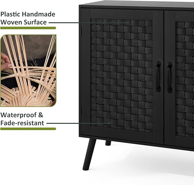 Black Buffet Sideboard Cabinet, Storage Cabinet with Handmade PVC Rattan Decor Doors, Wooden Coffee Station with Adjustable Shelf for Kitchen, Living Room, Entryway-NeatNest