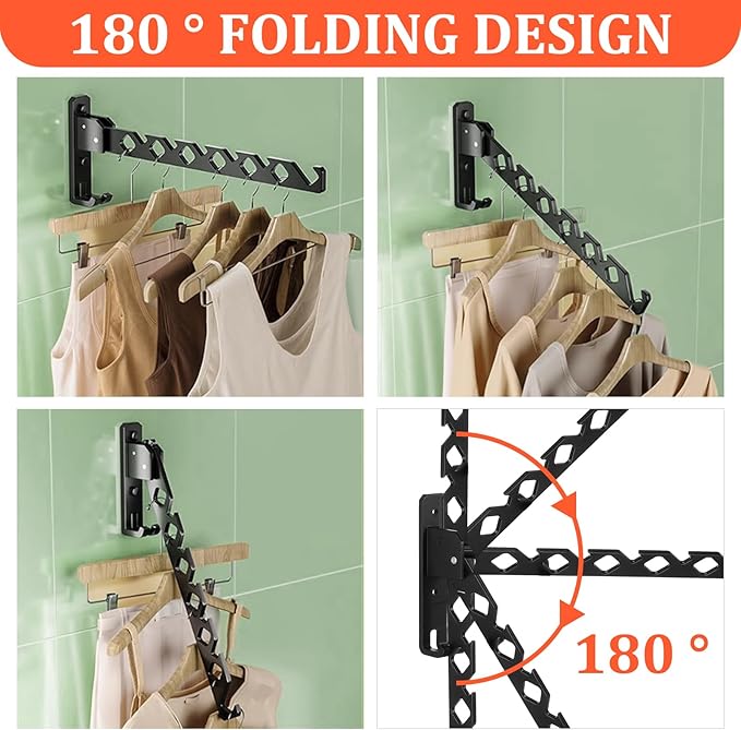 2 Pack Wall Mount Coat Hanger Holder Black Clothes Drying Organizer Rack Garment Hooks Aluminium Retractable Folding Indoor Wall Mounted Hanger Space Saver for Laundry Room Bedroom Black-NeatNest