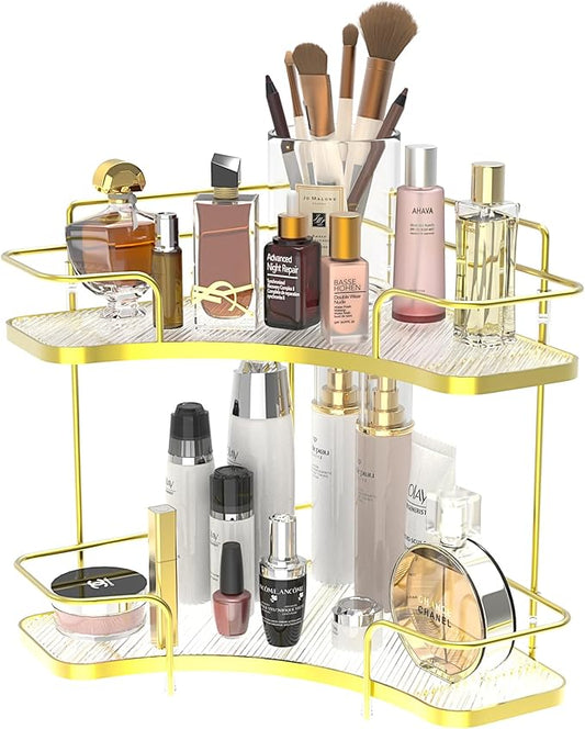 FOLLOWIN 2 Tier Bathroom Corner Countertop Organizer,Make Up Organizers and Storage,Corner Counter Shelf,Skincare Makeup Cosmetic Vanity Lotion Perfume Organizers Holder,Shine Gold-NeatNest