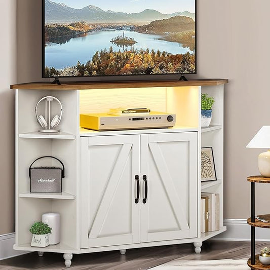 4 EVER WINNER Corner TV Stand for 50 Inch TV, Corner Entertainment Center with LED Lights and Adjustable Shelves, Farmhouse Corner TV Cabinet with Barn Doors for Living Room, White-NeatNest