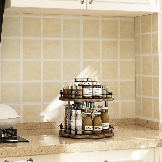 2 Tier Lazy Susan Organizer,2-Tier Spinning Spice Rack with Stable Carousel Base & 4 Height Settings for Cupboard Kitchen Countertop Dining Table Cupboard (Two-Ply(Petal Shape))