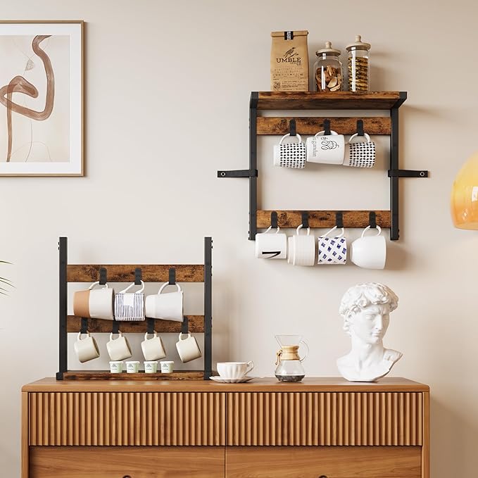Homeiju 14-Hook Large Coffee Mug Holder for Countertop/Wall Mounted,4 Tier Coffee Cup Holder with Top & Bottom Storage Shelf,Adjustable Hook & Shelves,Mug Tree for Home Bar,Coffee Station-NeatNest