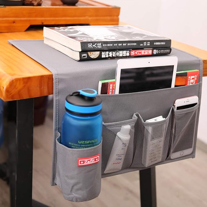 5 Pockets Bedside Caddy, Bedside Storage Organizer for Water Bottles, Magazines, Phone, Glasses (5 Pockets-Grey)-NeatNest