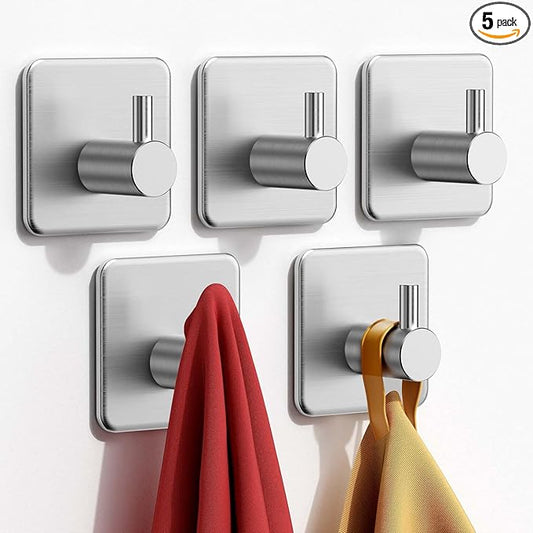 Adhesive Hooks Heavy Duty 30lb(Max) Wall Hooks, 5 Pack Damage Free Stainless Steel Hanger for Hanging Coat, Hat, Towel Robe, Waterproof Oilproof Rustproof Hook for Bathroom Shower Kitchen Office