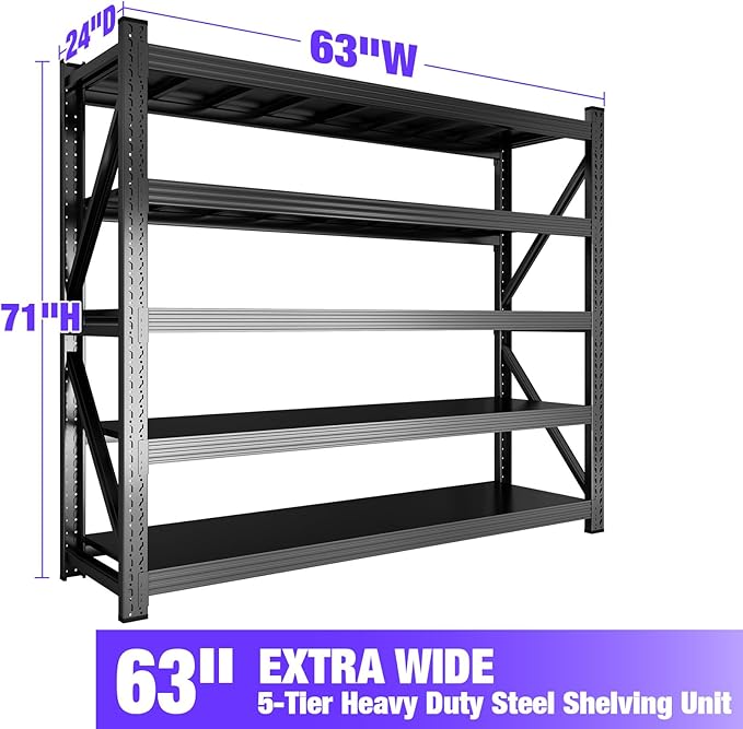 8000LBS Garage Shelving Heavy Duty, 5-Tier 71" H Storage Garage Shelves, Industrial Adjustable Metal Shelving Units for Garages, Warehouses, Kitchen, Black, 63" W x 24" D x 71" H