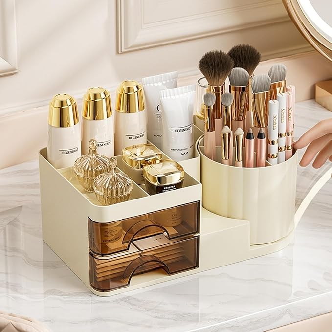 Makeup Organizer for Vanity with 2 Drawers,Countertop Rotating Makeup Brush Holder,Bathroom Organizer Holder,Cosmetic Display Case for Lipstick,Beauty,Skincare Organizer (Cream)-NeatNest