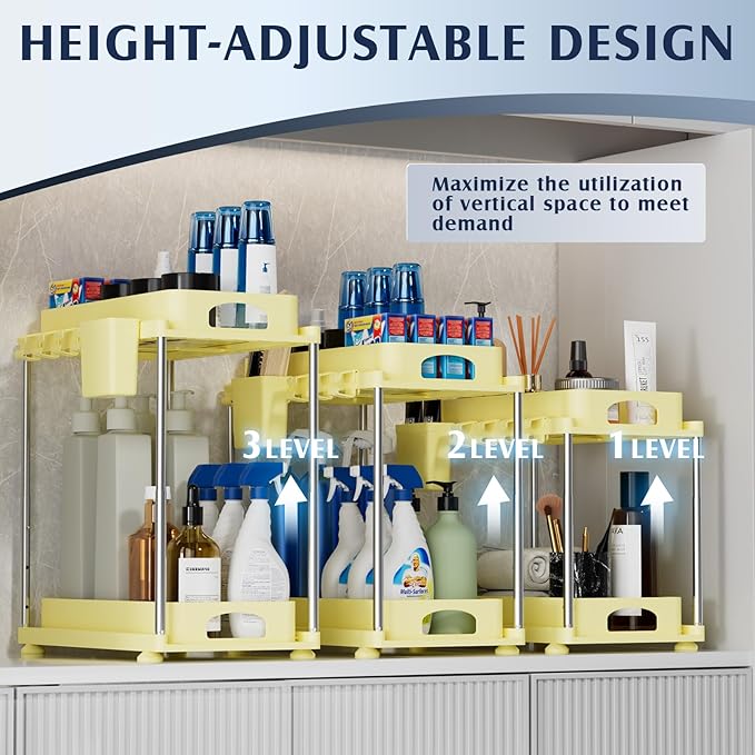 2 Pack Under Sink Organizers and Storage, Height Adjustable Bathroom Cabinet Organizer, 2 Tier Under Sink Organizer with Hooks, Under Cabinet Organizer for Kitchen Bathroom (Yellow-NeatNest
