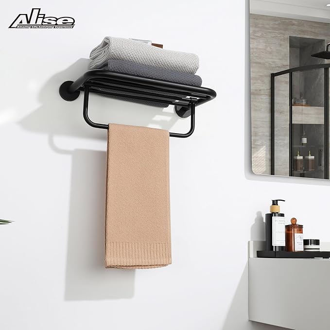 Alise 16 Inch Towel Racks for Bathroom, Foldable Towel Hanger Towel Shelf with Tower Bar, Heavy Duty Towel Holder, SUS 304 Stainless Steel Wall Mount Towel Rail, Matte Black