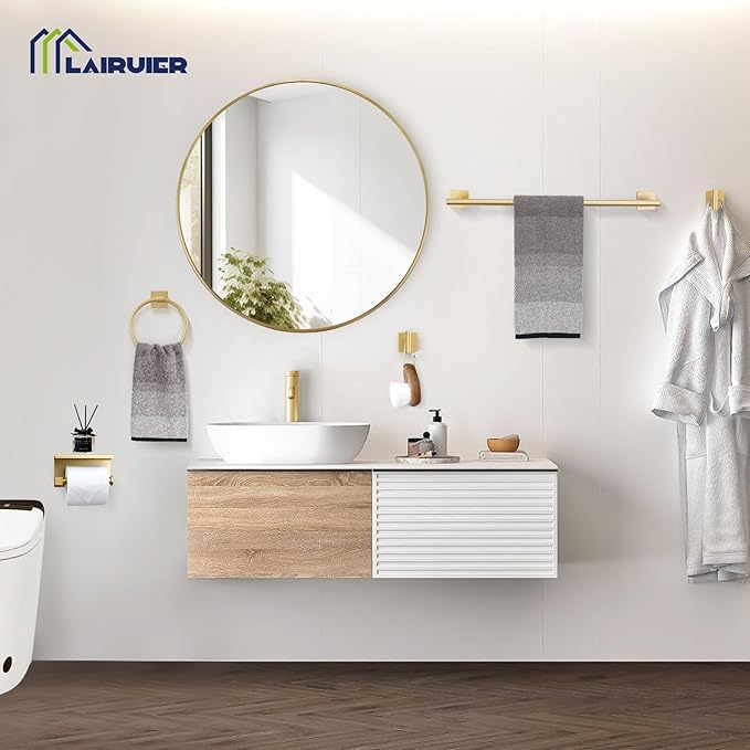 5PCS Brushed Gold Bathroom Hardware Set, SUS304 Stainless Steel Towel Bar Set-23.6 inches Towel Bar, Toilet Paper Holder with Shelf, Towel Ring and Two Towel Hooks, Towel Holder Set Wall-Mounted
