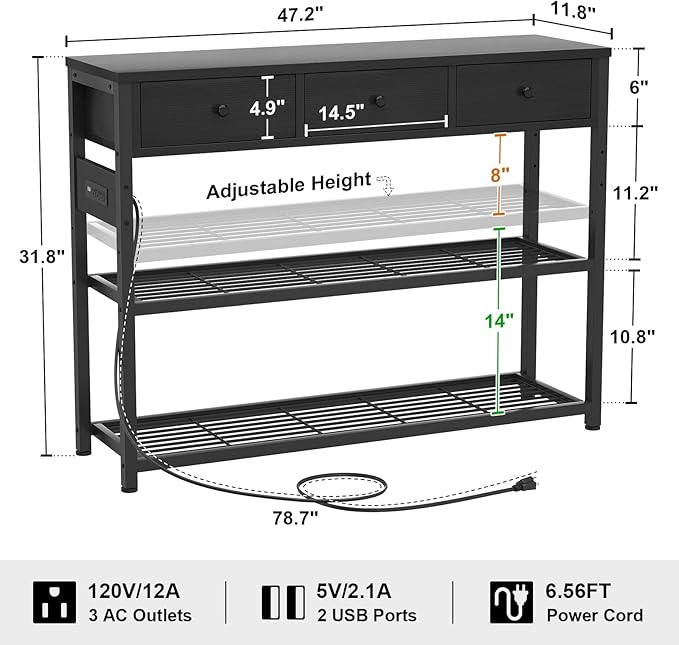 Ecopriso 47'' Entryway Table with Outlets and USB Ports, Console Table with 3 Drawers, Sofa Table Narrow Long with Storage Shelves for Living Room, Couch, Hallway, Foyer, Kitchen Counter, Black-NeatNest