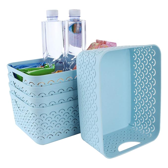 5 Pack Plastic Storage Baskets, Portable Blue Fish Scale Pattern Hollow Desktop Storage Bin Box with Handle for Kitchen, Bathroom, Kids Room or Nursery Storage – 9.4 x 7.1 x 4.1 inches