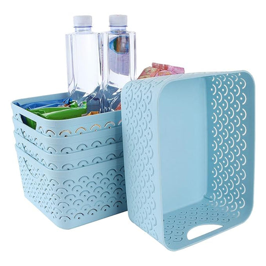 5 Pack Plastic Storage Baskets, Portable Blue Fish Scale Pattern Hollow Desktop Storage Bin Box with Handle for Kitchen, Bathroom, Kids Room or Nursery Storage – 9.4 x 7.1 x 4.1 inches