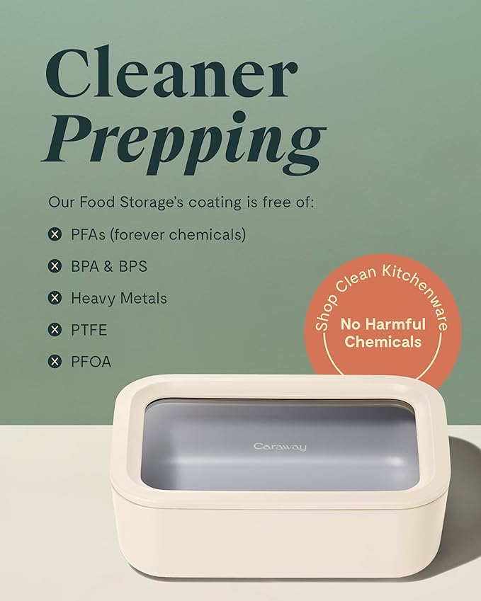 Caraway Glass Food Storage, 6.6 Cup Glass Container,Ceramic Coated Food Container,Easy to Store, Non Toxic, Non Stick Lunch Box Container with Glass Lids. Dishwasher, Oven,Square Shape,Cream-NeatNest