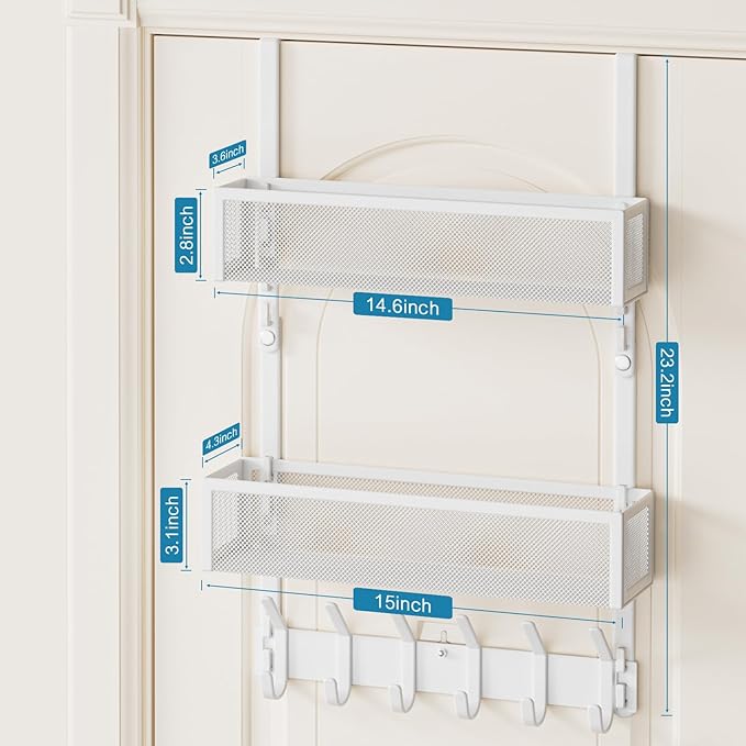 Over The Door Hooks Organizer, Over Door Storage with 12 Coat Hooks and 2 Mesh Basket, Bathroom Door Organizer Towel Rack Back of Door Hanger Organizer for Bedroom, Kitchen(White)