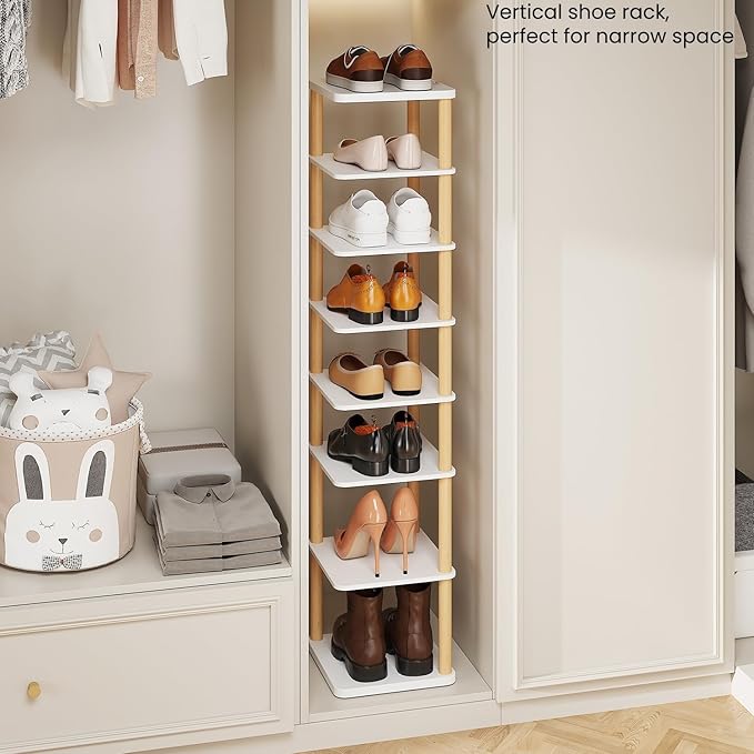 LUCKNOCK Vertical Shoe Rack, 8-Tier Tall Narrow Shoe Organizer for Entryway, Closet, Dorm & Small Spaces, Freestanding White Wooden Shoe Shelf Tower for Boots, Sneakers, Heels.-NeatNest