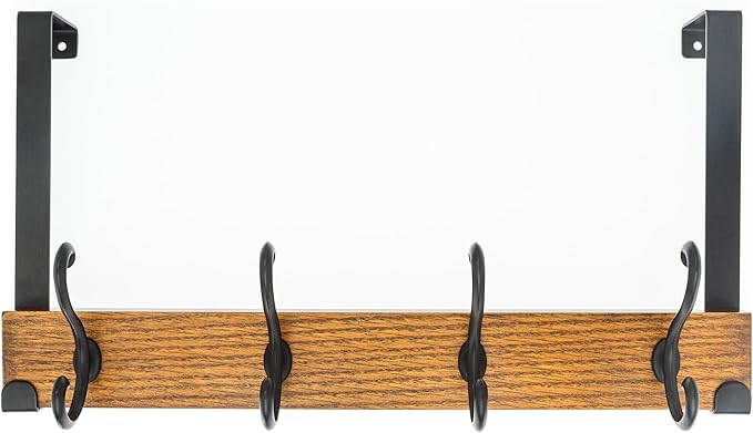 creathome Dual-Purpose Wooden Hanger with 4 Ring Hooks Classic Color, Behind/Over The Door Towel Rack for Bathroom, Heavy Duty Wall Mounted Coat Rack, No Drilling