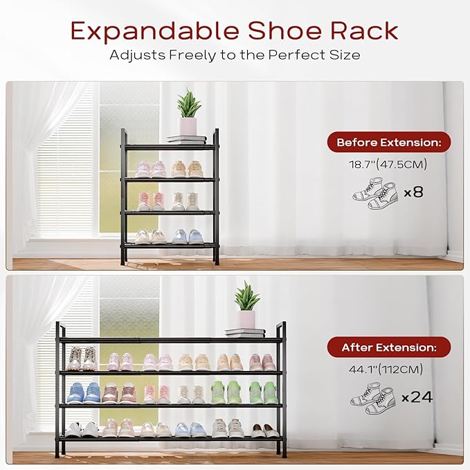 Bumusty 4-Tier Long Expandable Shoe Rack for Closet, 18"-44" Adjustable Shoe Rack for Entryway, 20-24 Pairs Large Shoe Organizer Shelf Storage, Sturdy Metal, Black-NeatNest