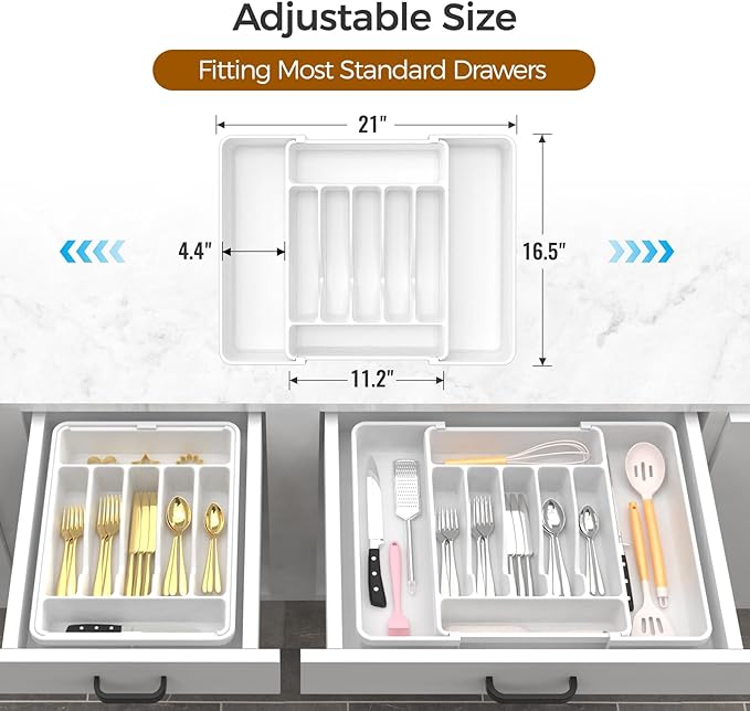 Extra Large Expandable Silverware Organizer, BPA-Free Food-Safe Cutlery Flatware Organizer, Kitchen Utensil Drawer Organizer, Adjustable Silverware Holder for Spoons Forks Knives, White-NeatNest