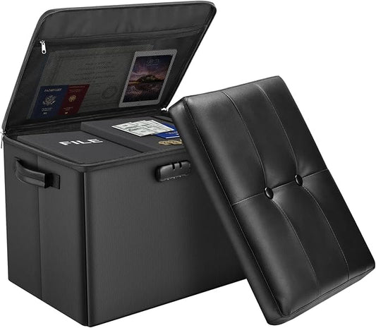 DocSafe Storage Ottoman with Lock,Fireproof Folding Ottoman Foot Rest Stool Storage Chest with Storage Safe for Important Documents,Waterproof 17 Inches Short Ottoman Foot Stool with Handles,Black-NeatNest