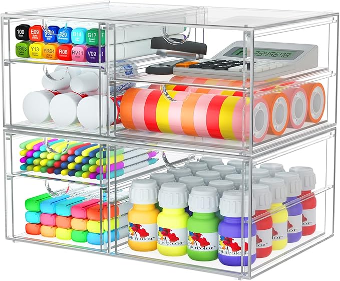 2 Pack Desk Organizers, Makeup Organizer Storage With 7 Drawers, Desktop Office Supplies, Clear Desk Accessories, Dustproof Drawer Organizer and Storage for Make Up, Jewelry, Pen, Desktop Stationary